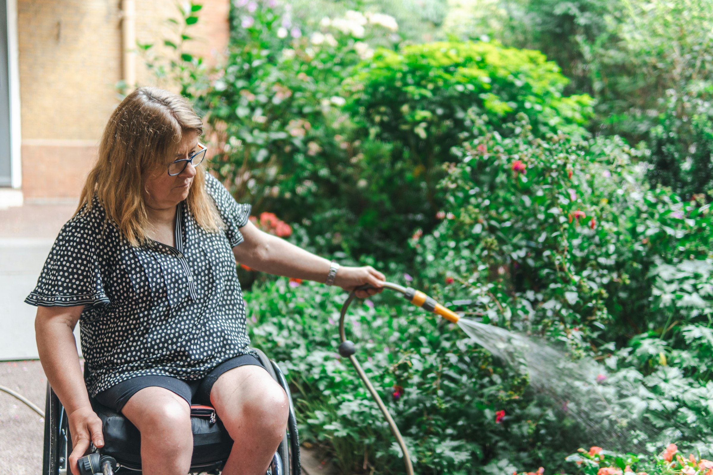 Eine Frau im Rollstuhl gießt mit einem Gartenschlauch die Blumenbeete in ihrem Garten